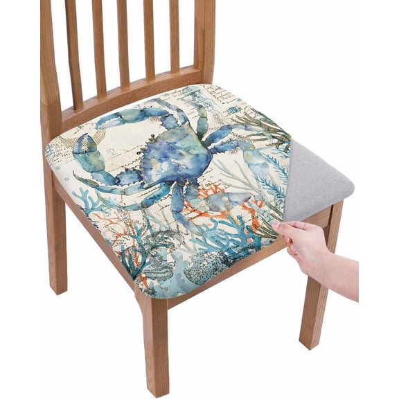 Coastal Crab Chair Seat Covers for Dining Room Stretch Chair Seat Covers Set of 4, Vintage Summer Beach Coral Ocean Chair Seat Protector Cushion Slipcovers for Kitchen Restaurant Office
