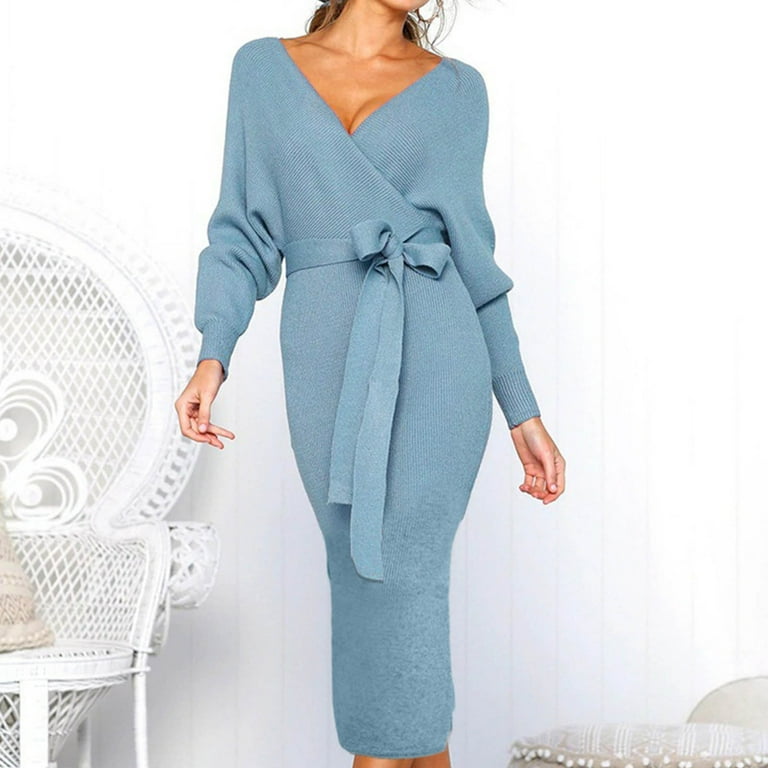 Bigersell Shapewear Dress Deals Female V-Neck Long Sleeve Midi Wrap Dress  Style D-66 Midi Dresses Ladies Plus Size Summer Dresses , Light Blue L -  Walmart.com