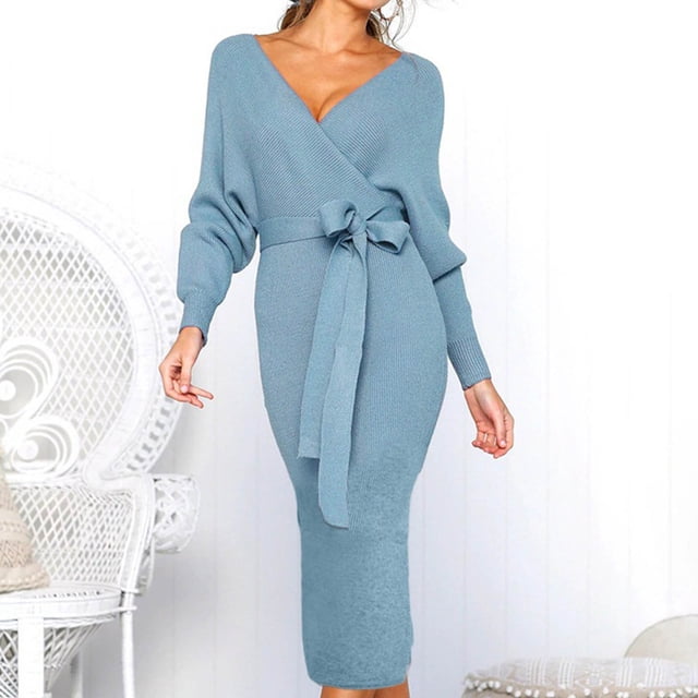 QIPOPIQ Robes pour Femmes pour Invitée de Mariage Fête Manches Courtes Nouvelle Robe d'Automne et d'Hiver d'Été Aguichant à Col en V à Nouer Robes à Manches Longues Offres 2023