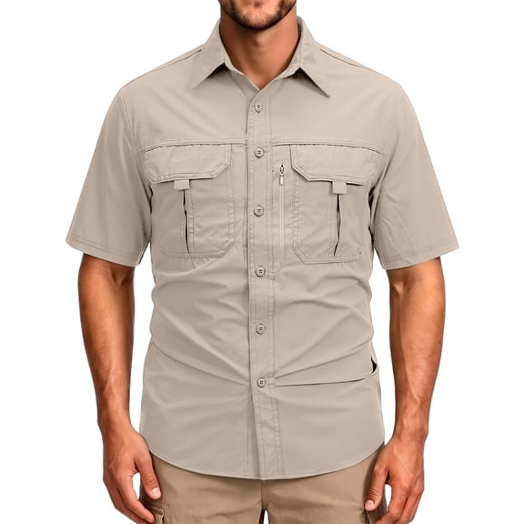 Fishing Shirts for Men Button Down Short Sleeve Work Shirts with Hidden Zipper Pocket, Quick Dry, Sun Protection, Outdoor Hiking Cargo Shirt