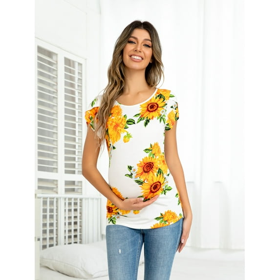CALIPESSA Womens Summer Petal Sleeve Floral Print Maternity Blouses Casual Scoop Neck Short Sleeve Tunic Tops
