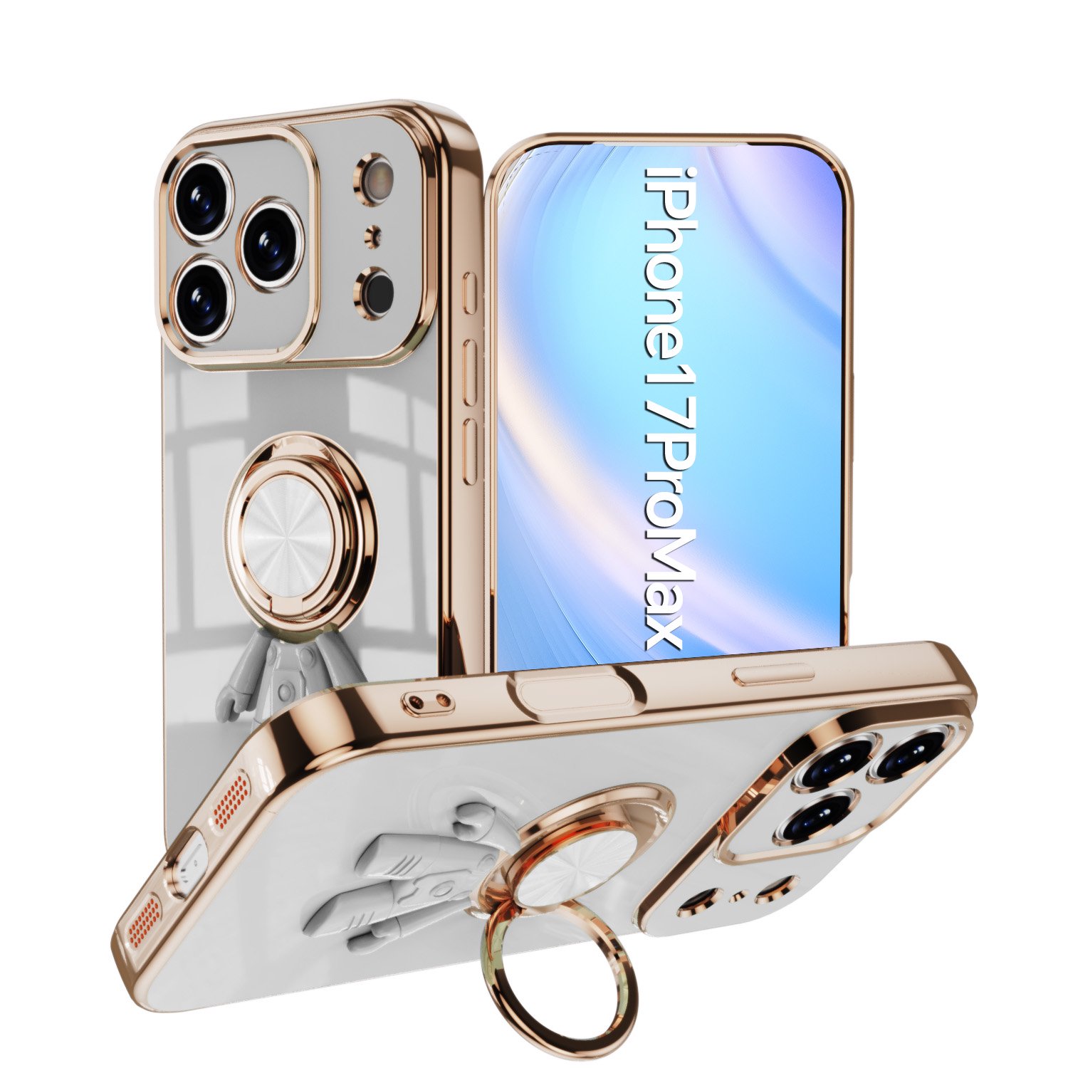 Dteck Phone Case for iPhone 17 Pro Max 2025, Luxury Plating Astronaut Stand Holder Phone Case with Ring Stand Soft Silicone Shockproof Kickstand Cover Bumper, White