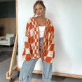 thumbnail image 4 of Casual Cardigan Sweater for Women Fall Long Sleeve Chunky Knit Sweaters Checkered Outwear Coat Chocolate Color L, 4 of 8