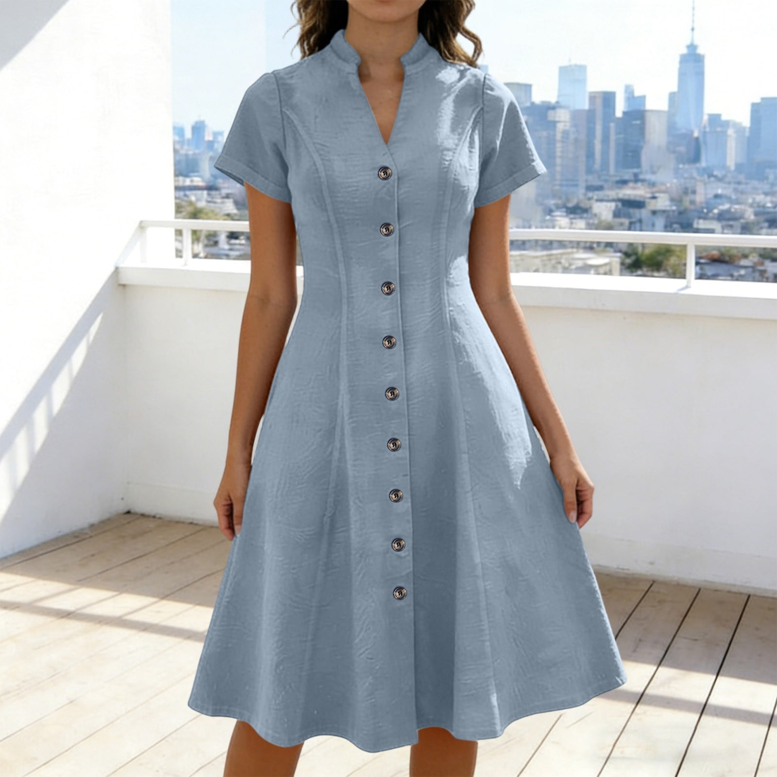 Fewfanhot Dresses for Women Elegant Classy Summer Fit and Flare Swing Cotton Dress Casual V-Neck Button Down Beach Midi Dress