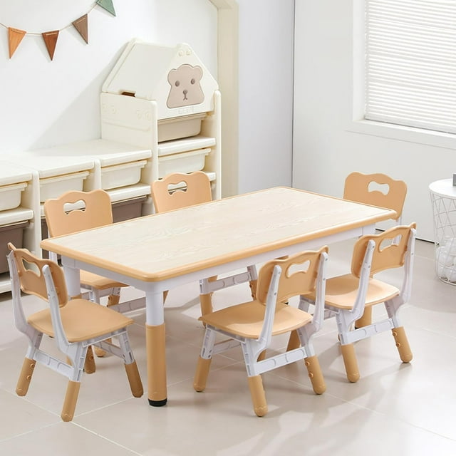 Juego de mesa y sillas para niños de 7 piezas, escritorio ajustable en altura con 6 asientos, mesa para arte y manualidades con patas antideslizantes