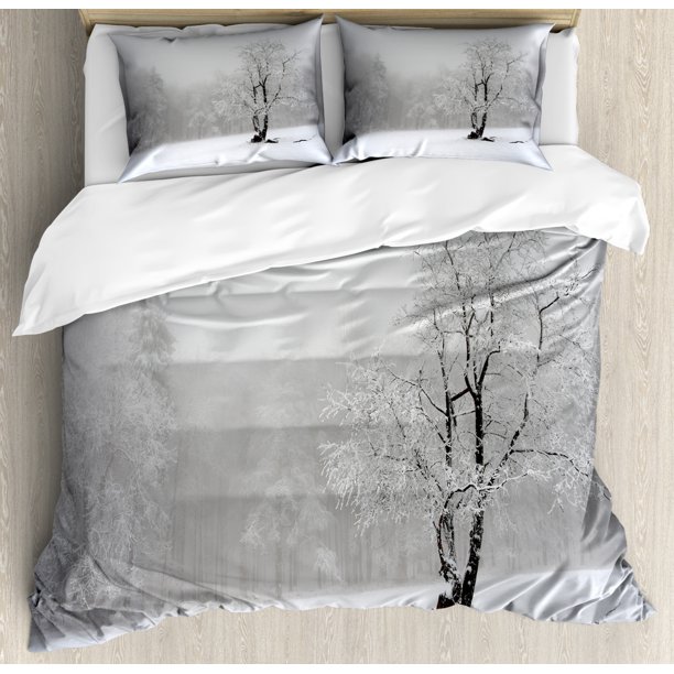 Tree Duvet Cover Set, Winter Landscape Picture with A Tree in Snowy