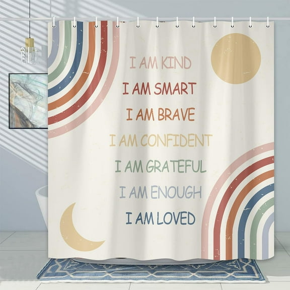 Rainbow Shower Curtain for Kids, Inspirational Quotes Shower Curtain Set for Bathroom, Abstract Boho Positive Teen Fabric Shower Curtain Restroom Bathtub Decor Accessories with Hooks