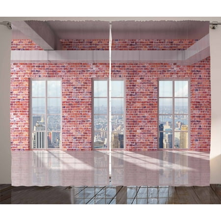 Modern Curtains 2 Panels Set, Red Brick Wall Loft Interior with Windows to City Urban Contemporary Design Print, Window Drapes for Living Room Bedroom, 108W X 96L Inches, Multicolor, by Ambesonne
