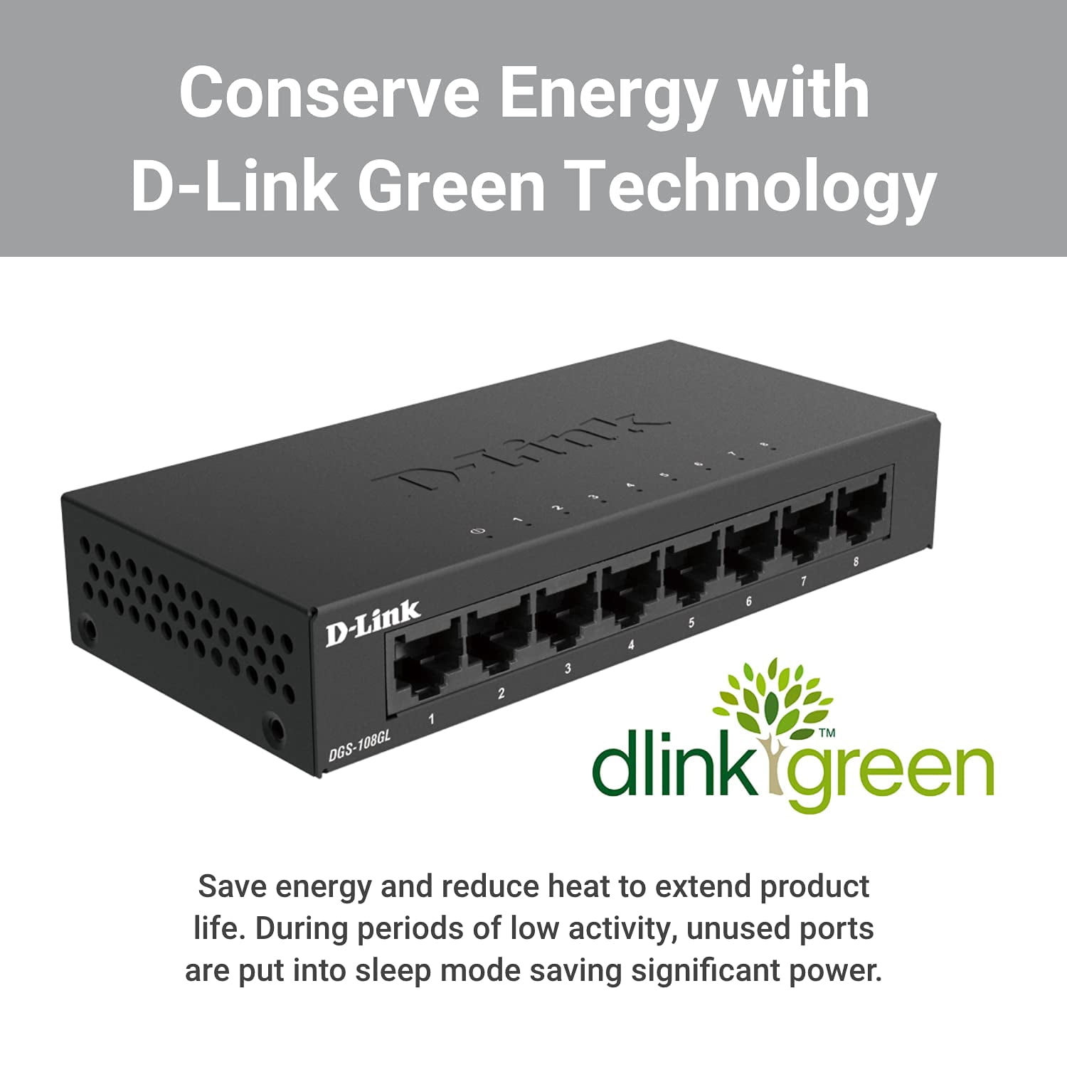 D-Link 8 Port Gigabit Ethernet Unmanaged Switch Plug and Play Metal Fanless Design (DGS-108GL)