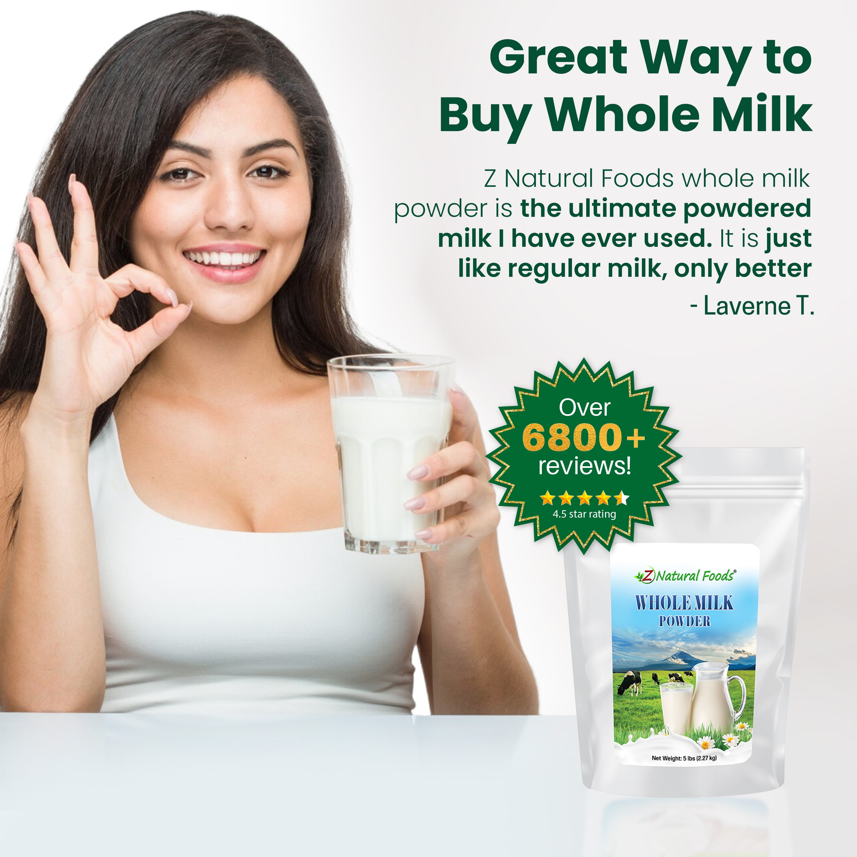 milk⭐ Z Natural Foods Whole Milk Powder, 5 lb, Non-GMO, Gluten