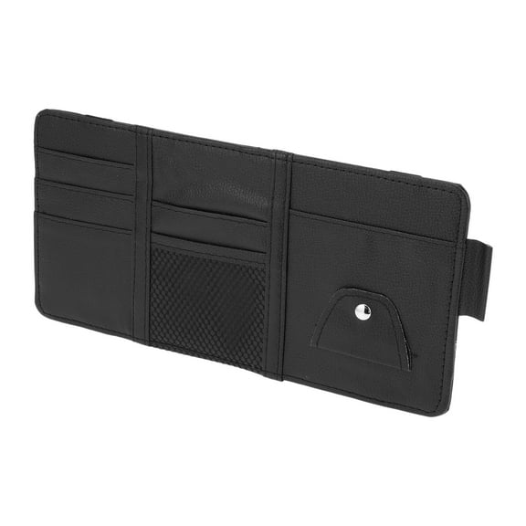 Car Sun Visor Organizer, Auto Visor Storage Pouch W/O Zipper W/ Elastic Slot with Sunglasses Holder for Cards License Pen Organizer PU Leather Black