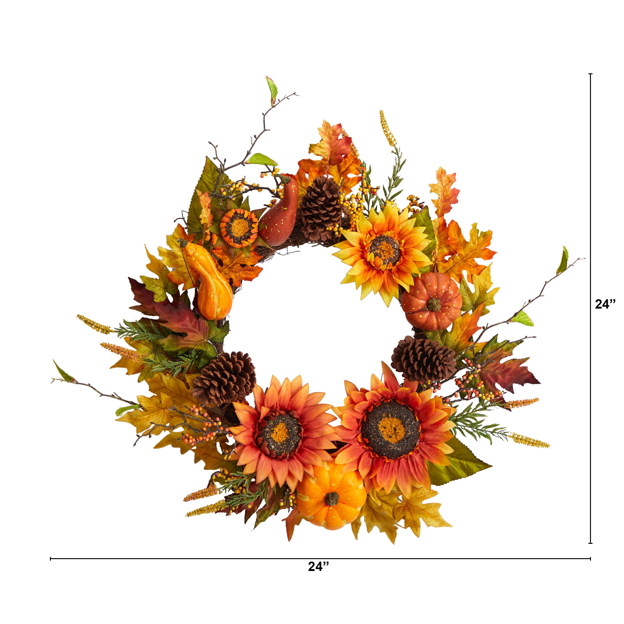 Nearly Natural 24" Fall Sunflower, Pumpkin, Gourds, Pinecone and Berries Autumn Artificial Wreath, Orange