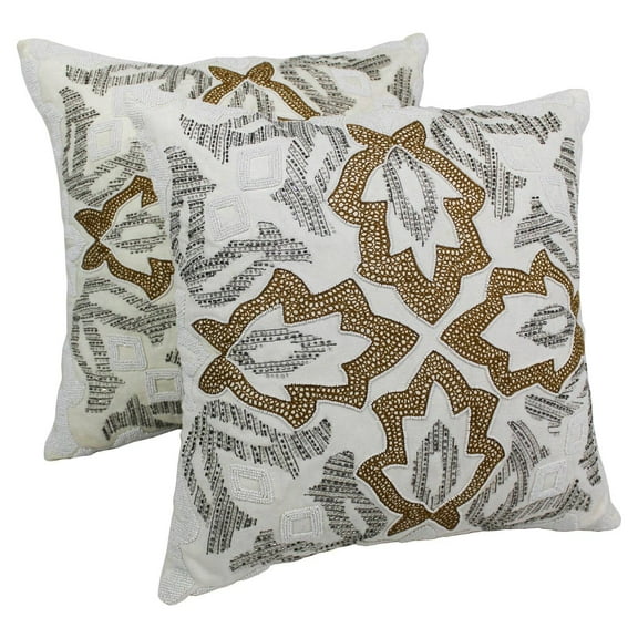 Blazing Needles Floral Throw Pillows in Ivory with Gold Beads (Set of 2)