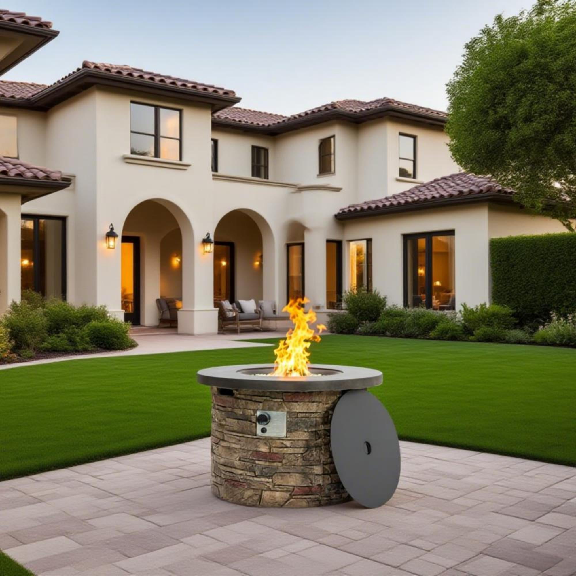 36'' Propane Gas Fire Pit Table, 50000 BTU Round Concrete Fire Pit for Outside Patio Deck Outdoor Space Backyard - Sandston