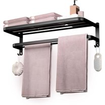 Bathroom Towel Rack Towel Shelf with Double Towel Bars Lavatory Wall Mount Holder with Hooks Stainless Steel Hotel Bath Rack (Matte Black 23 inches)