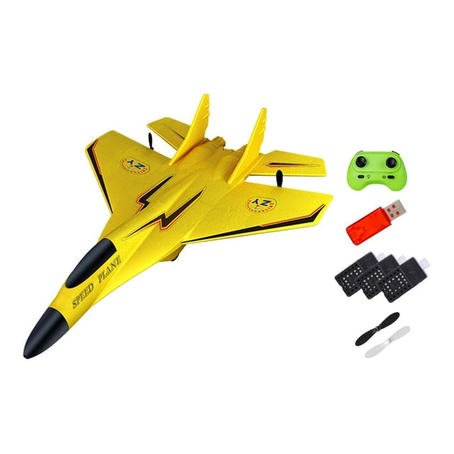 Avión de control remoto de 2 canales, avión de combate anticolisión, juguete volador para exteriores amarillo 3 batería