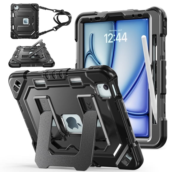 Case for iPad Air 11 inch (M4 2026/M3 2025/M2 2024), Military Grade Shockproof Cases with Pencil Holder Shoulder Strap Screen Protector, Black