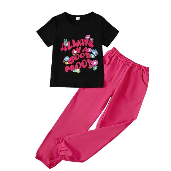 11Y Big Girls Clothes 12Y Girls 2PCS Outfits Set Letter Print Big Girls Short Sleeve Top Pants Set Black