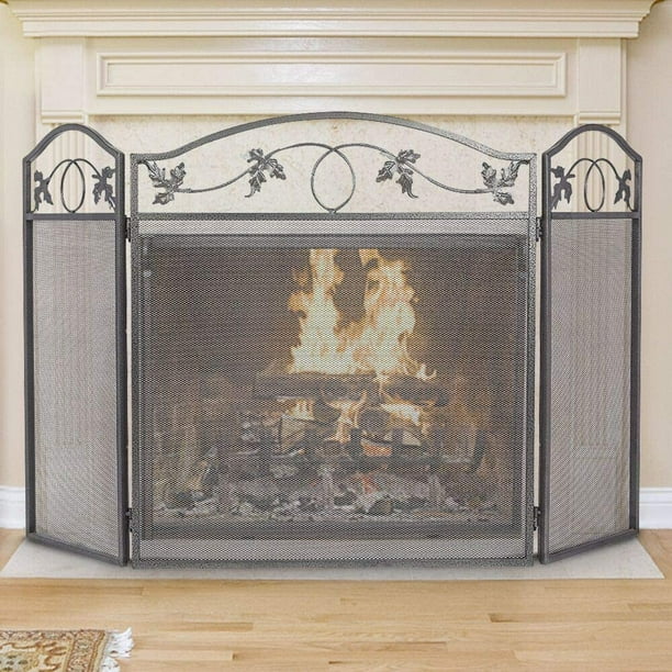 Amagabeli Indoor Fireplace Screen 3 Panel Pewter Wrought Iron Large Outdoor Metal Decorative Mesh Cover Solid Fire Place Fence Leaf Design Steel Spark Guard Panels Com Amagabeli Indoor Fireplace Screen 3, Fireplace Screen Height