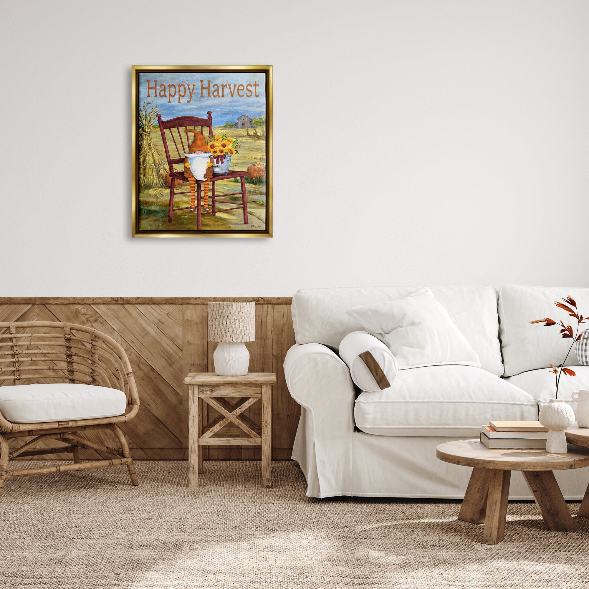 Stupell Industries Happy Harvest Country Gnome Landscape Painting Gold Floater Framed Canvas Art Print Wall Art, 25 x 31