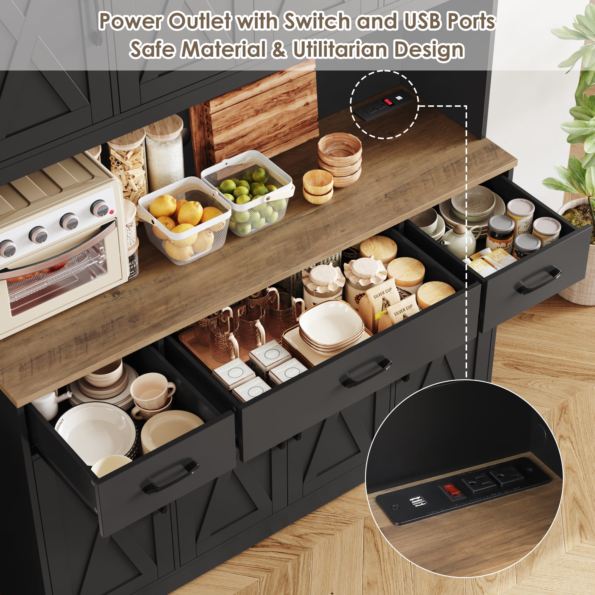 Homfa Kitchen Pantry with Hutch and Drawers, 71" Tall Storage Cabinet with 55" Wide Countertop and Built-In Power Outlet, Farmhouse Coffee Bar for Dining Room, Black & Rustic Brown