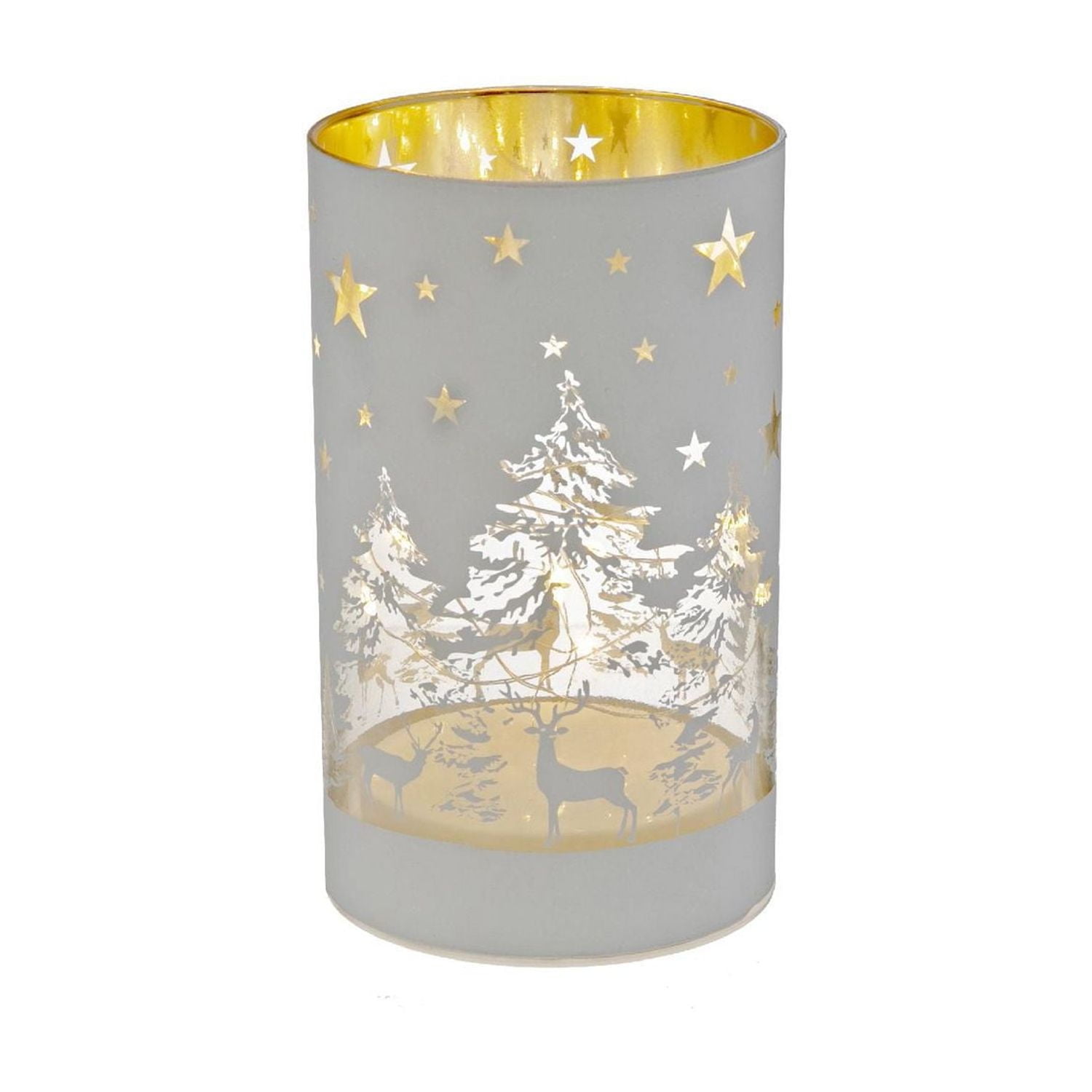 Led Cylinder Glass Stand (Tree And Reindeer) (White) - Set of 2