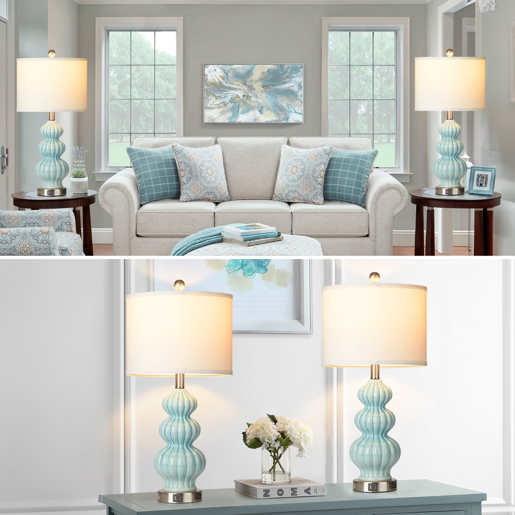 Cinkeda Triple Gourd Ceramic Table Lamp Set of 2 with USB A+C Ports AC Outlet for Bedroom Living Room Modern Blue 3 Way Dimmable Touch Control Bedside Nightstand Lamps