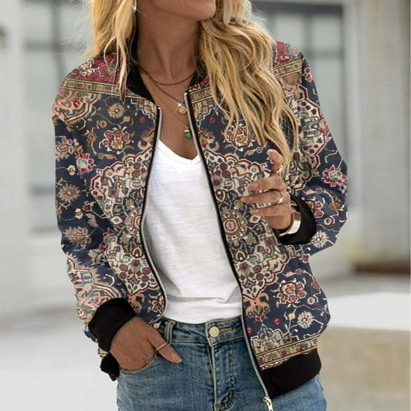 Fartey Bomber Jacket for Women Vintage Floral Print Zip Jackets Lightweight Long Sleeve Casual Windbreaker Coats with Pockets 2025 S-2XL
