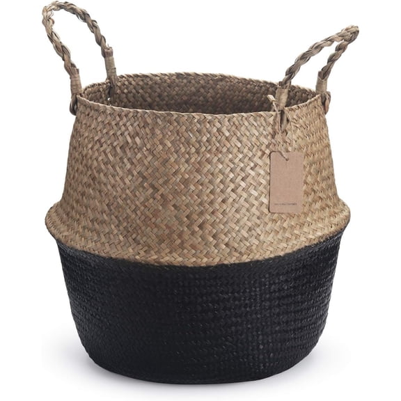 Seagrass Storage Basket,  Woven Storage Basket (Black 7 inch D  inch H)