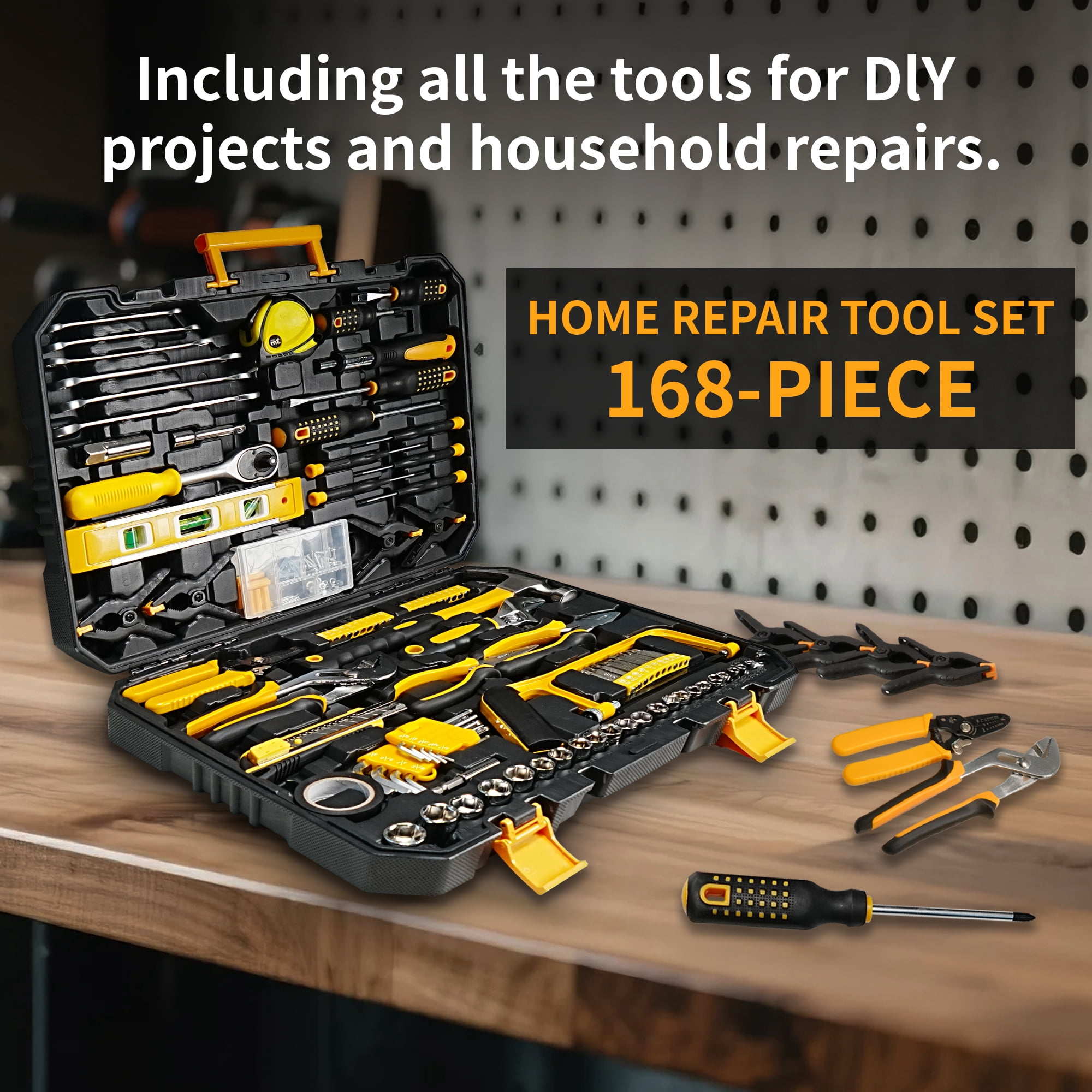 168-Piece Tool Kit in Toolbox Storage Case, Multi-Purpose Automotive and Household Tool Set for Garage, Car, DIY Project, Housewarming Gift Yellow