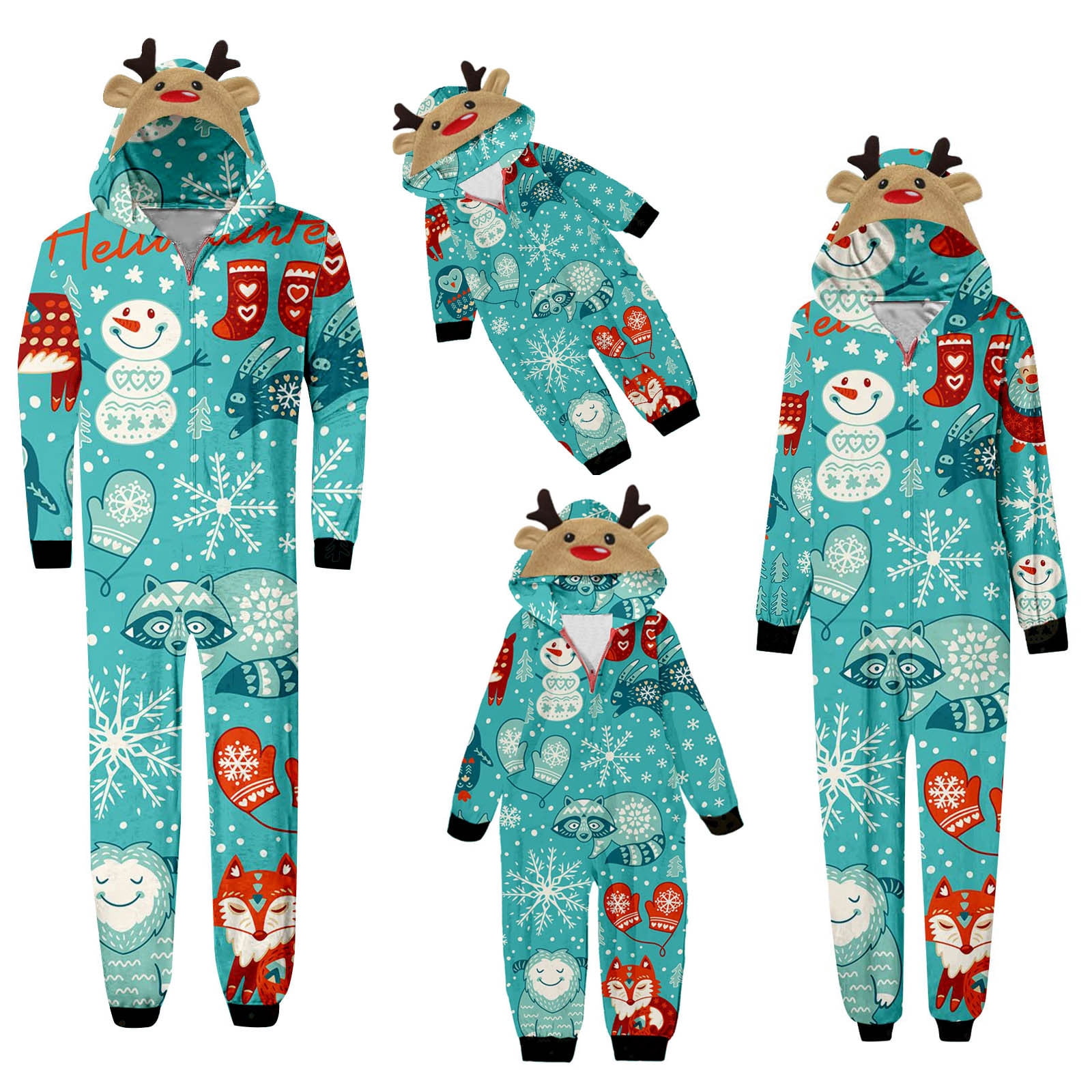 Lovskoo Family Matching Christmas Onesies Pajamas for Women Xmas Snowman Printed One Piece Hooded Romper Pj's Zipper Jumpsuit Loungewear Jammies Sleepwear Light Blue