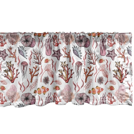 Underwater Window Valance Pack of 2, Hand Drawn Coral Reef Jellyfish Starfish Sea Sponges Marine Life Plants, Rod Pocket Curtain Valances Kitchen Bedroom, 2 Sizes, Pale Pink Vermilion, by Ambesonne