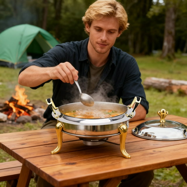 Vaisselle de Buffet de Camping et d'Extérieur en Acier Inoxydable, Plat Rond Anti-Frottement avec Couvercle et Porte-Carburant pour la Cuisine, le Service Traiteur et les Présentations d'Événements