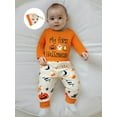thumbnail image 4 of My First Halloween Baby Boy Outfit Letter Embroidery Long Sleeve Romper Spider Bat Pants and Hat 3Pcs Fall Winter Clothes Set, 4 of 10