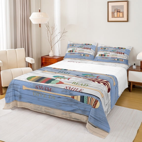 Homewish Farmhouse Lake House Twin Sheet Sets, Blue Grey Lodge Cabin Twin Fitted Sheet, Cartoon Boat Paddle Flat Sheet, Lightweight Room Decor, 3pcs