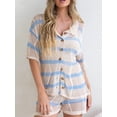 thumbnail image 5 of Yunliwuli Women 2-piece Striped Knit Outfit, Short Sleeve Button-down Shirt with Shorts Hollowed Summer Outfit, 5 of 10