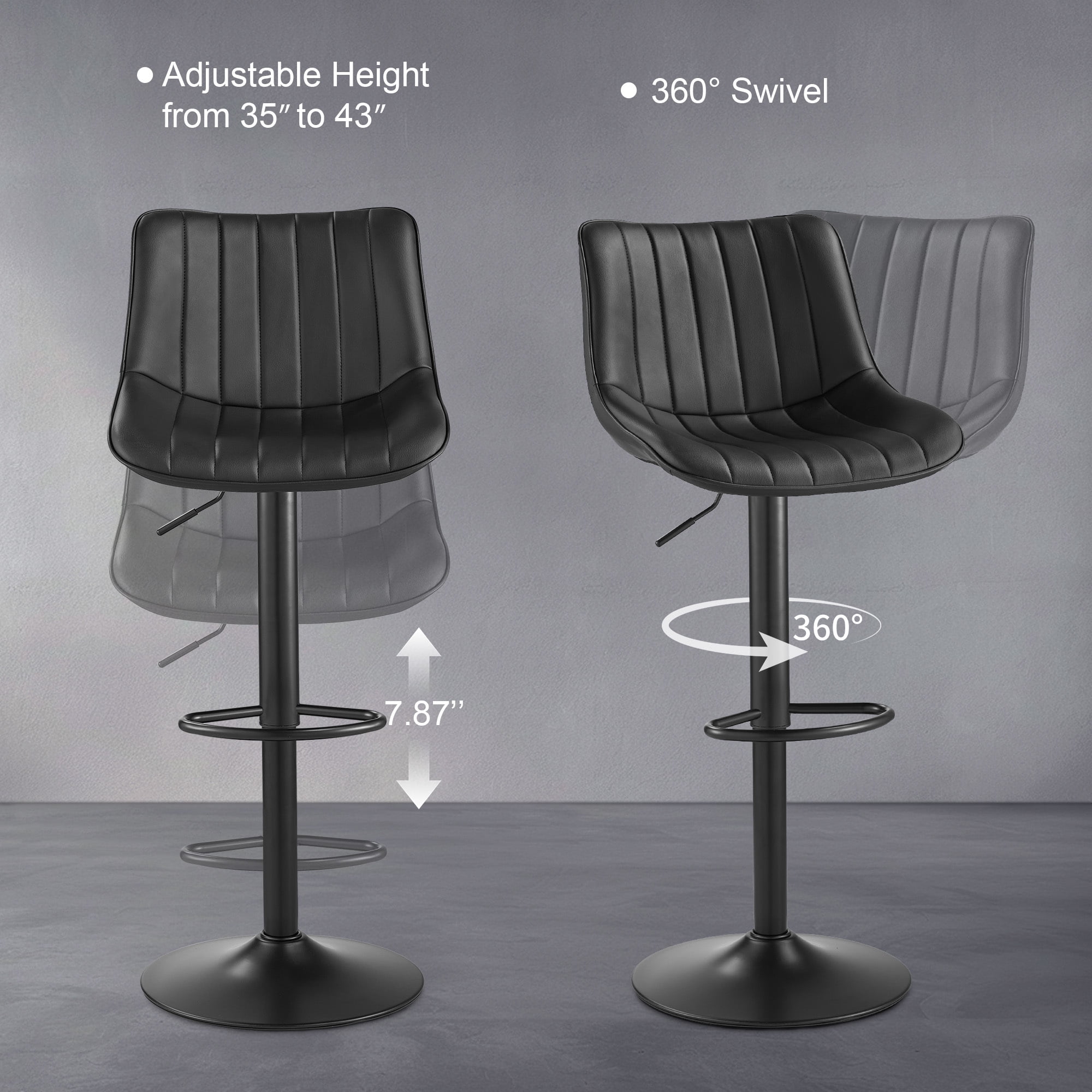 AUNEKIV Bar Stools, Swivel Counter Height Barstools with Back, Adjustable Faux PU Leather Bar Chairs, Modern Armless Kitchen Island Stool, Black