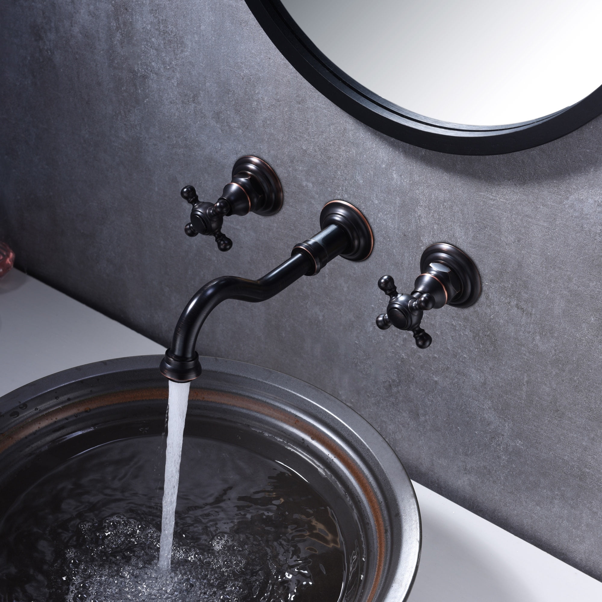 SUMERAIN Wall Mount Bathroom Sink Faucet Vintage Oil Rubbed Bronze 3 Holes 2 Cross Knobs Lavatory Basin Faucet, Rough-in Valve Included