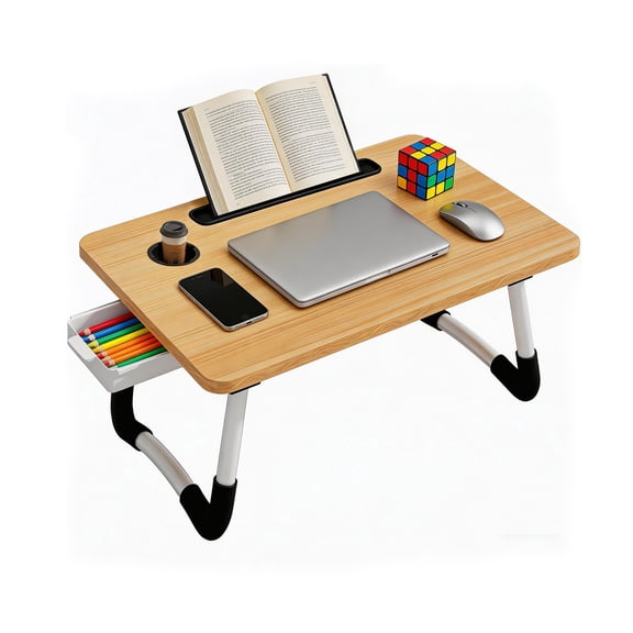 Foldable Bed Tray, Laptop Bed Tray Table with Drawer, Foldable Lap Desk with Cup Holder & Book Stand, Portable Bed Table for Laptop, Breakfast, Working, Reading on Bed, Sofa, Couch