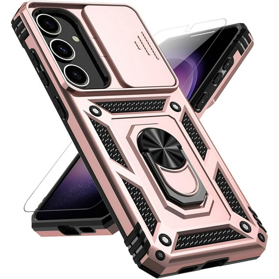 for Samsung Galaxy S25 Plus Case with Slide Camera Cover HD Screen Protector [Military Grade Drop Tested] Magnetic Ring Holder Kickstand Protective Phone Case for Samsung Galaxy S25  2025, Rose Gold