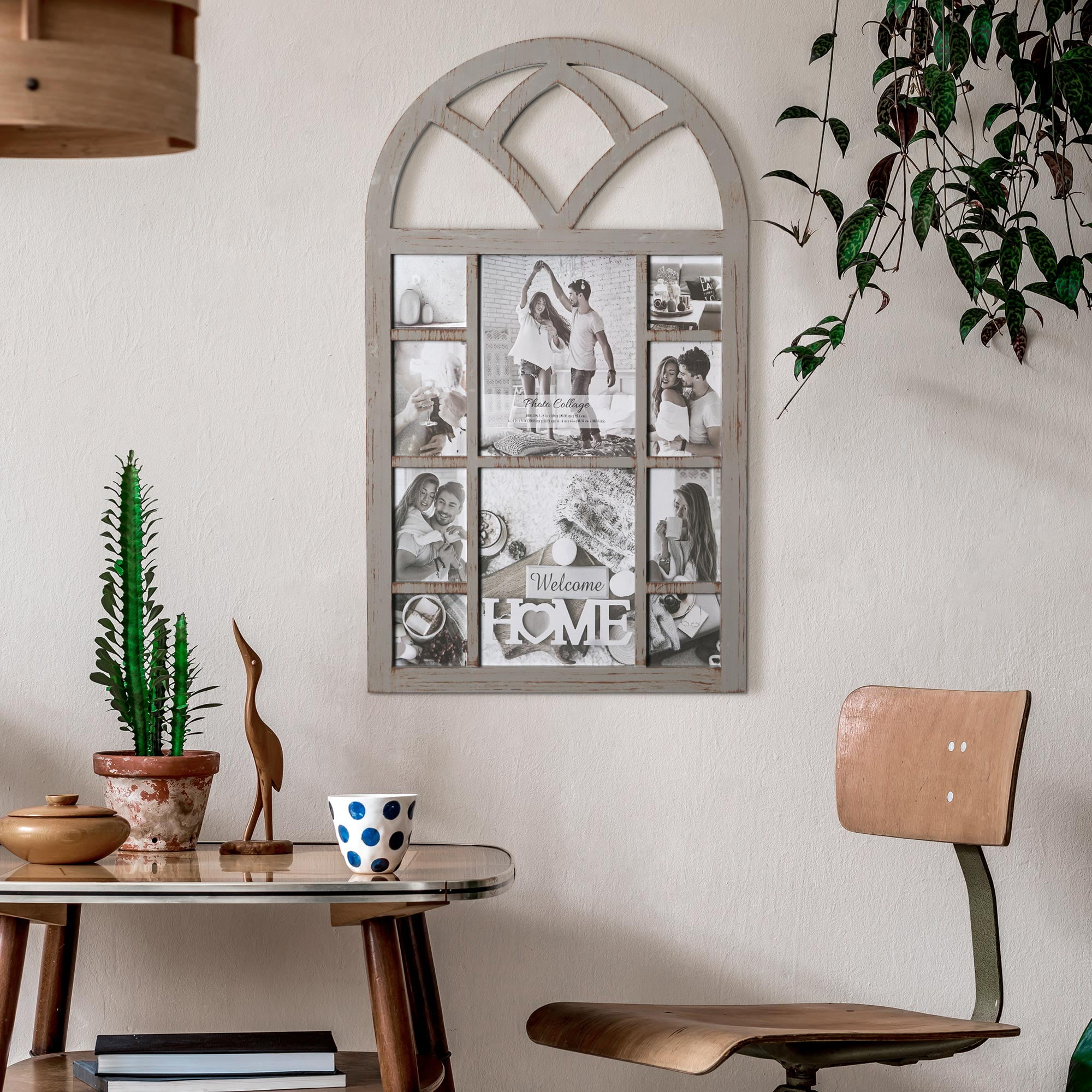 Natural Distressed Arched Window Pane Wall Hanging Decorative Photo Collage Picture Frame - 31.5" x 18"