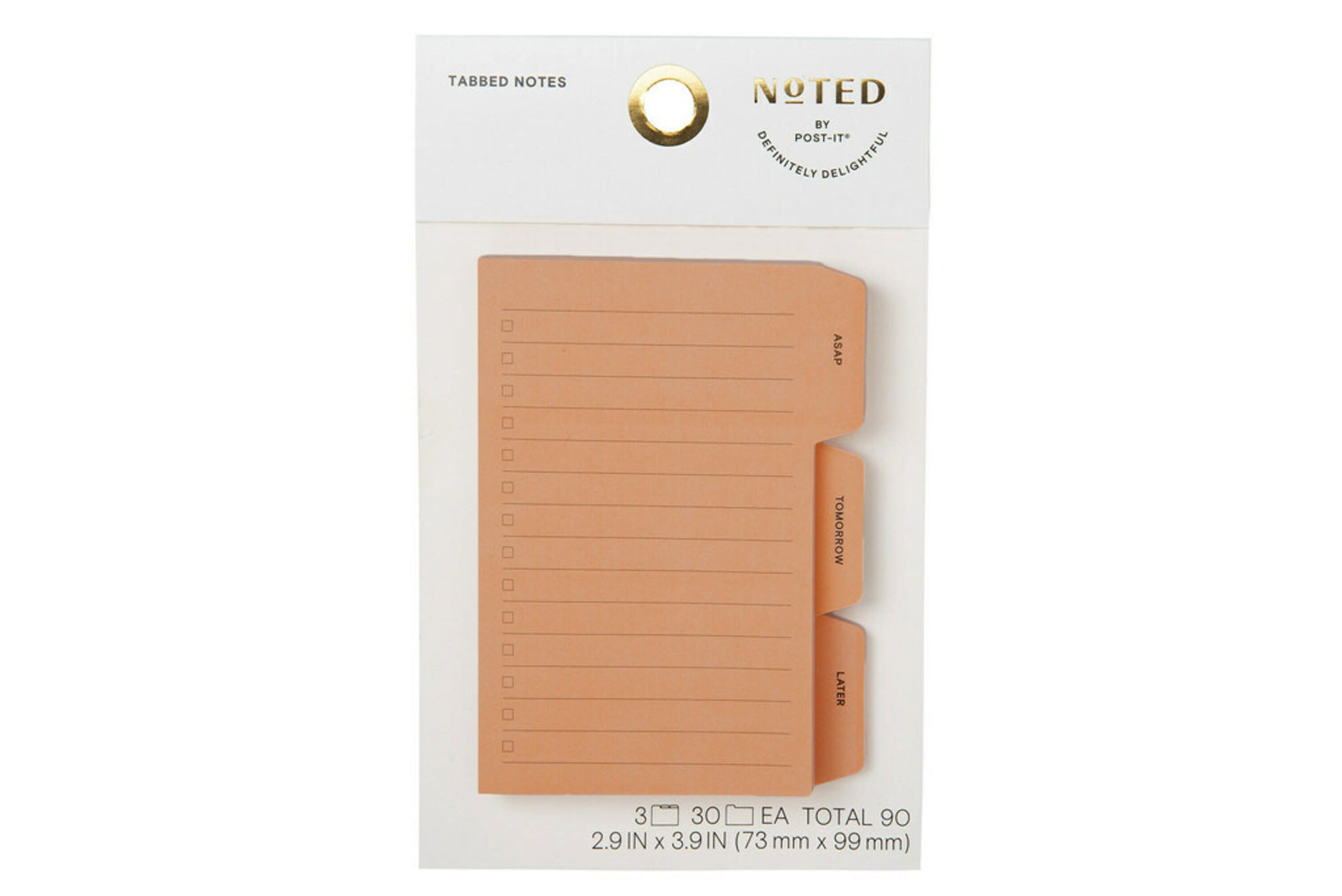 Noted by Post-it®, Peach Tab Notes, 3 in. x 4 in., 3 Pads/Pack, 30 Sheets/Pad, 90 sheets total