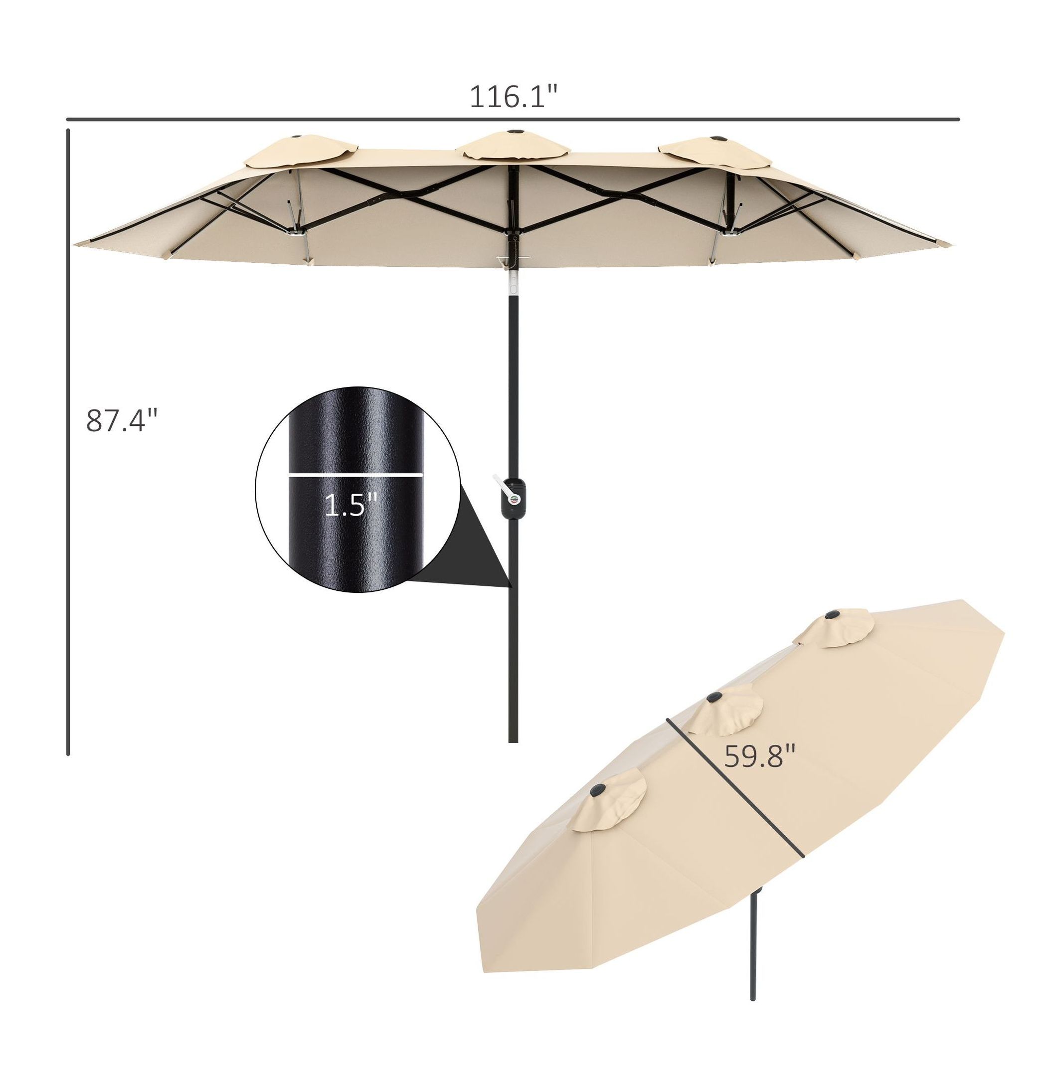 9.5' Patio Umbrella Outdoor, Market Umbrella with Tilt & Crank, 12 Ribs, UV Protection for Garden, Deck, Pool - Brown