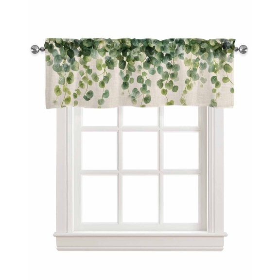Retro Green Leaves Kitchen Valances for Windows Farmhouse Linen Window Valance Curtain for Living Room Window Treatment Spring Pastoral Botanical Plant Vines Valance Rod Pocket Topper, 60 x 18 Inch