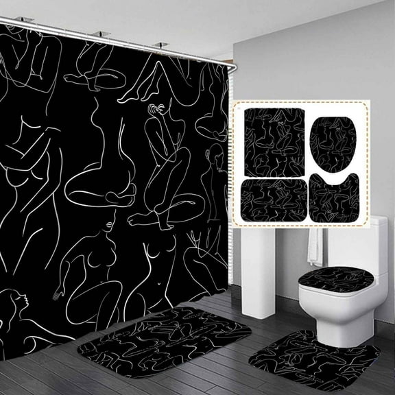 4PCS Abstract Woman Shower Curtain Sets with Rugs, Waterproof Fabric Black and White Shower Curtain, Sexy Body Line Minimalist Simple Contemporary Aesthetic Modern Girls Women Bathroom Decor