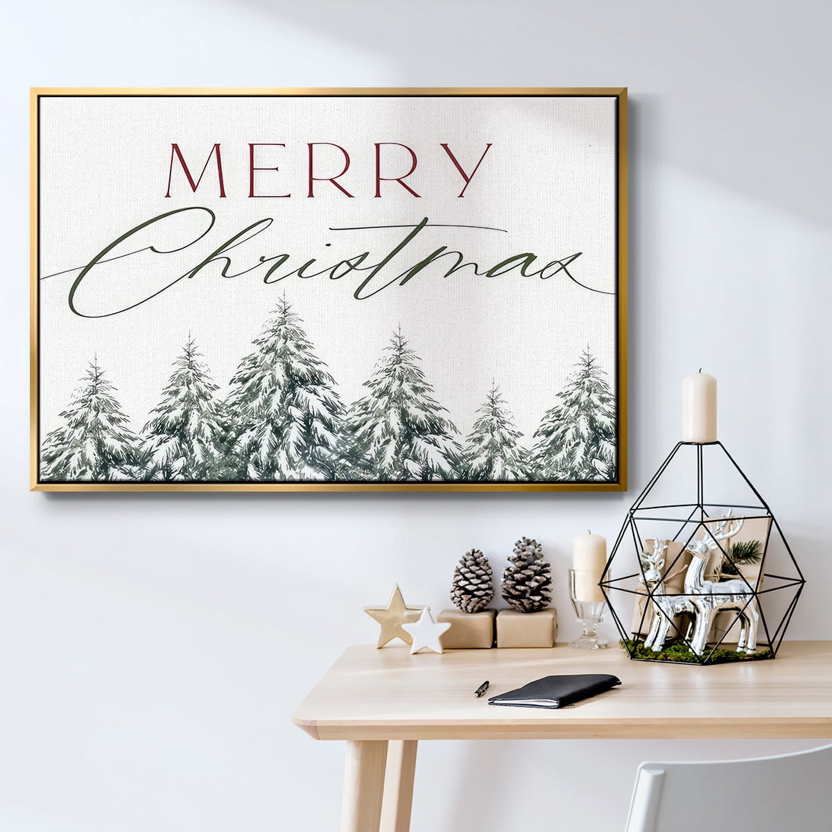 Merry Christmas Trees - Framed Gallery Wrapped Holiday Canvas - 27 x 41 - Gold Frame