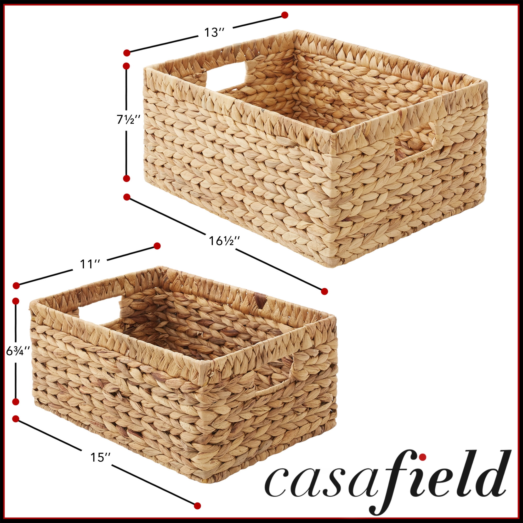 Casafield Water Hyacinth Storage Basket Set with Handles - 1-Jumbo, 1-Large Woven Organizers for Bathroom, Laundry, Pantry, Office, Shelves