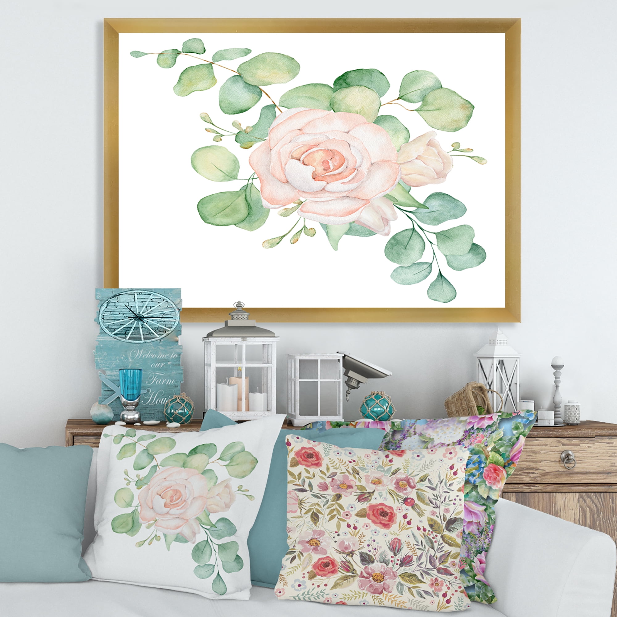 Designart 'Bouquet of Pink Roses Flowers and Eucalyptus Leaves' Traditional Framed Art Print