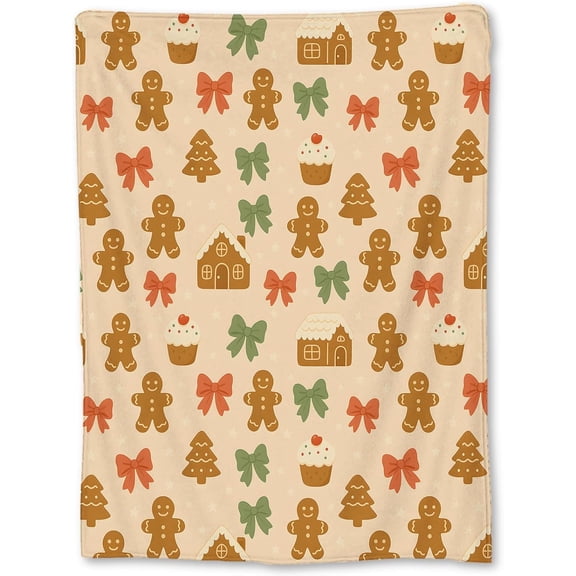 Gingerbread Cookie Blanket, Soft Lightweight Flannel Christmas Holiday Throw Blanket for Couch, Bed, Travel & Decor Gifts, Cozy Warm Fuzzy Festive Houses & Bows Blankets for Girls Women Kids 50×40 in