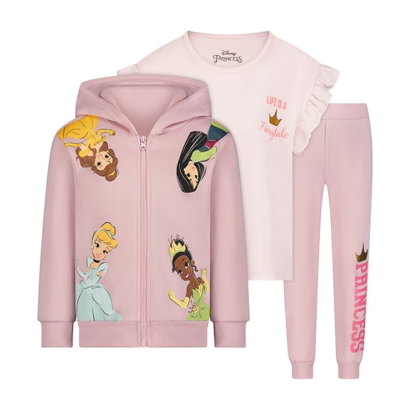 Disney Princess Girls Hoodie 3 Piece T-Shirt and Jogger Pants Set for Toddlers and Big Kids – Pink